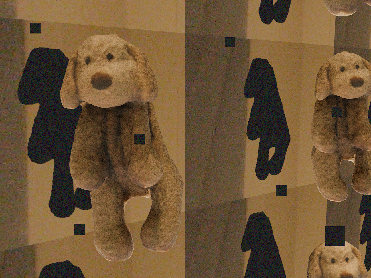 Duplicates of a hanging cream dog suspended in a surreal plane.